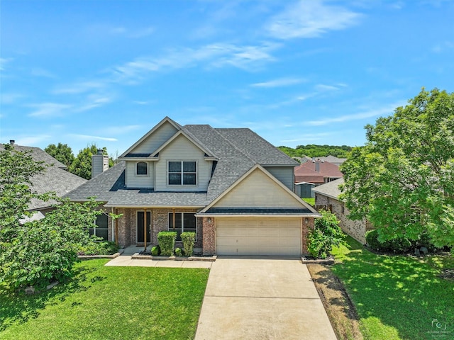 832 Adams Dr, Burleson, TX 76028 - view of front of home with an attached garage, brick siding, concrete driveway, a front lawn, and a chimney