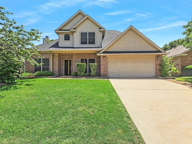832 Adams Dr, Burleson, TX 76028 - view of front of home featuring a garage, brick siding, a front lawn, concrete driveway, and a chimney