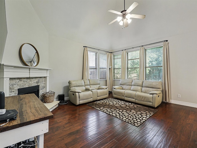832 Adams Dr, Burleson, TX 76028 - living area featuring a ceiling fan, plenty of natural light, a fireplace, wood-type flooring, and high vaulted ceiling