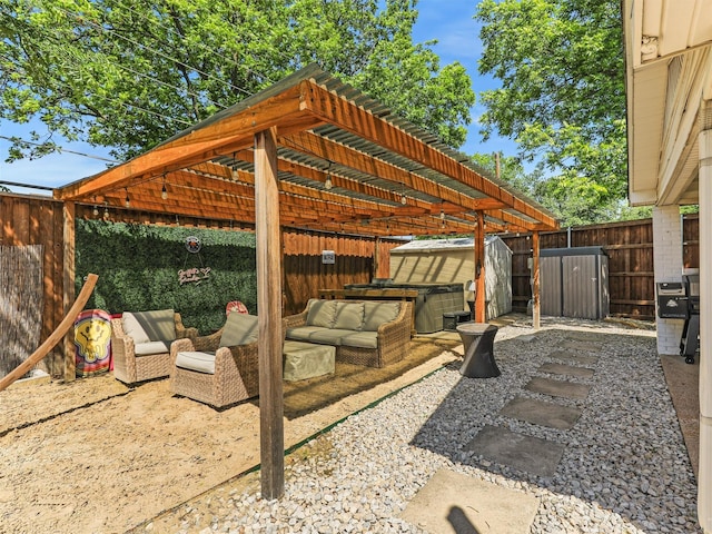 5433 Greenwood Way N, Richland Hills, TX 76180 - view of patio / terrace featuring outdoor lounge area, a fenced backyard, a storage unit, and an outdoor structure