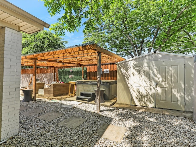 5433 Greenwood Way N, Richland Hills, TX 76180 - fenced backyard featuring a hot tub, a storage unit, an outbuilding, a patio, and outdoor lounge area