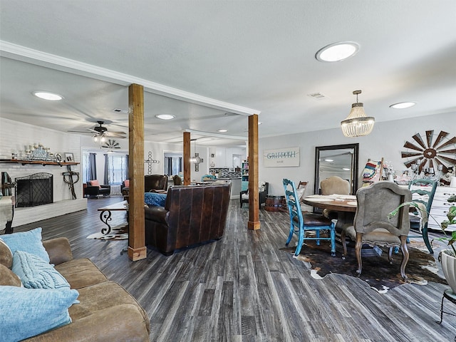 5433 Greenwood Way N, Richland Hills, TX 76180 - living room with wood finished floors, a ceiling fan, a fireplace, and recessed lighting