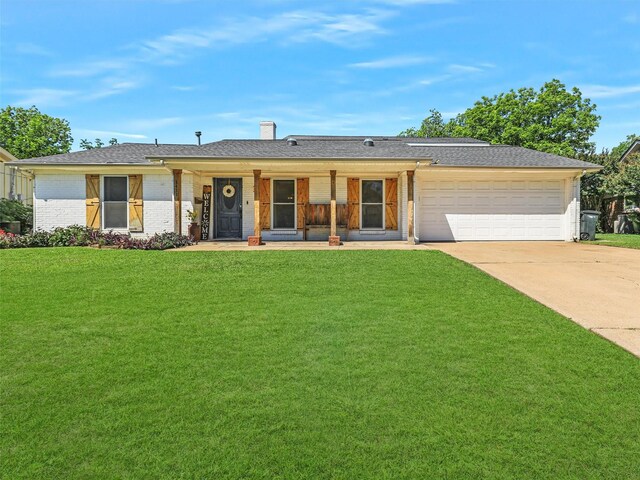 5433 Greenwood Way N, Richland Hills, TX 76180 - ranch-style home with driveway, brick siding, a garage, a front lawn, and a chimney