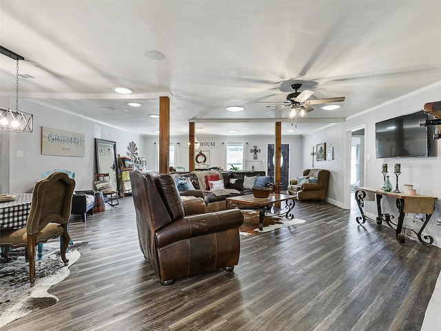 5433 Greenwood Way N, Richland Hills, TX 76180 - living area with ornamental molding, dark wood-style floors, a ceiling fan, and baseboards