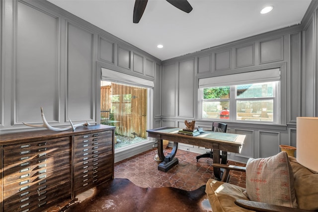 747 Kessler Lake Dr, Dallas, TX 75208 - home office with a decorative wall, recessed lighting, and a ceiling fan