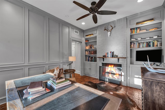 747 Kessler Lake Dr, Dallas, TX 75208 - bedroom featuring a decorative wall, a brick fireplace, recessed lighting, and ceiling fan