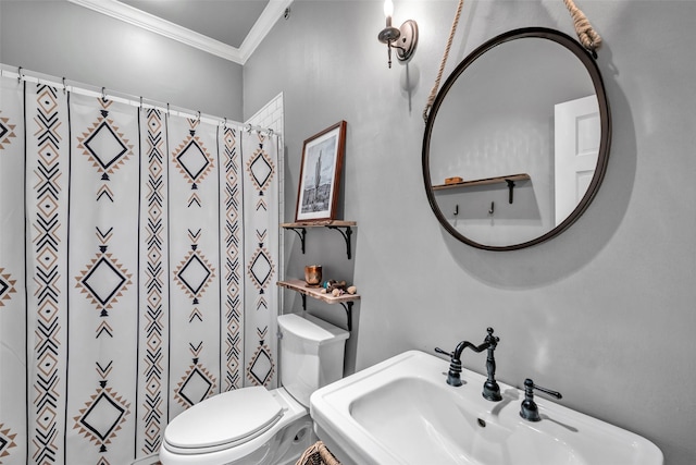 747 Kessler Lake Dr, Dallas, TX 75208 - bathroom featuring a sink, crown molding, toilet, and a shower with curtain