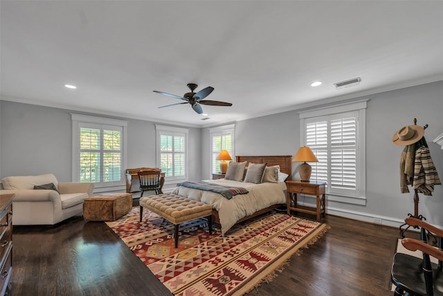 747 Kessler Lake Dr, Dallas, TX 75208 - bedroom featuring crown molding, dark wood finished floors, recessed lighting, baseboards, and a ceiling fan