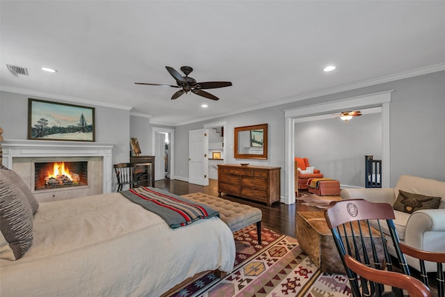 747 Kessler Lake Dr, Dallas, TX 75208 - bedroom featuring a fireplace, wood finished floors, recessed lighting, ornamental molding, and ceiling fan