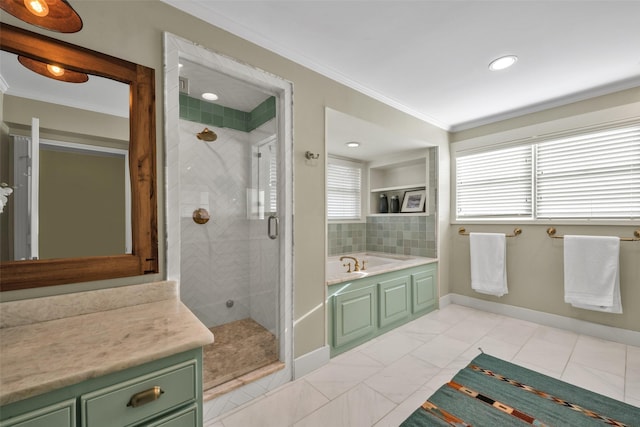 747 Kessler Lake Dr, Dallas, TX 75208 - bathroom with crown molding, a garden tub, a shower stall, vanity, and baseboards