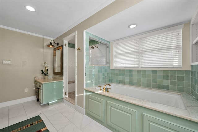 747 Kessler Lake Dr, Dallas, TX 75208 - bathroom with a shower stall, ornamental molding, a garden tub, vanity, and baseboards