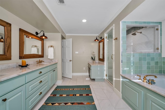 747 Kessler Lake Dr, Dallas, TX 75208 - full bath featuring a shower stall, tile patterned flooring, baseboards, a garden tub, and vanity