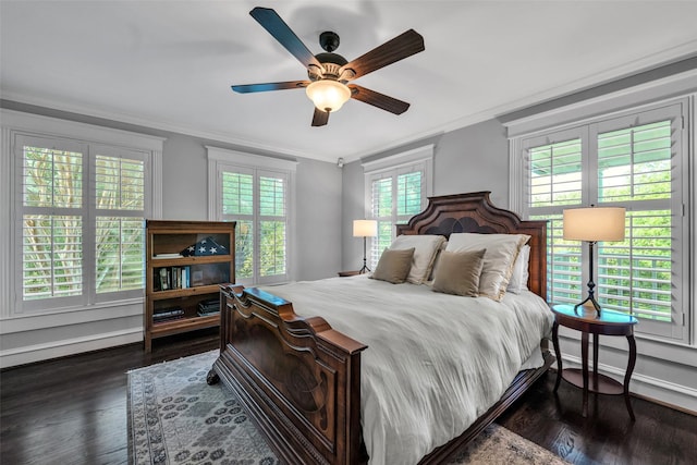 747 Kessler Lake Dr, Dallas, TX 75208 - bedroom featuring ornamental molding, dark wood-style floors, baseboards, and a ceiling fan