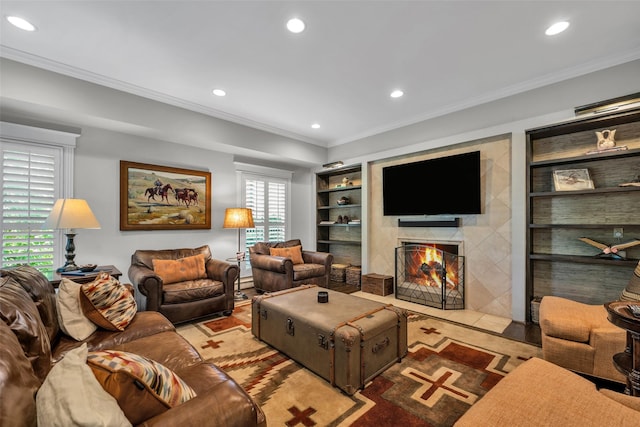 747 Kessler Lake Dr, Dallas, TX 75208 - living room with recessed lighting, a fireplace, built in features, and crown molding