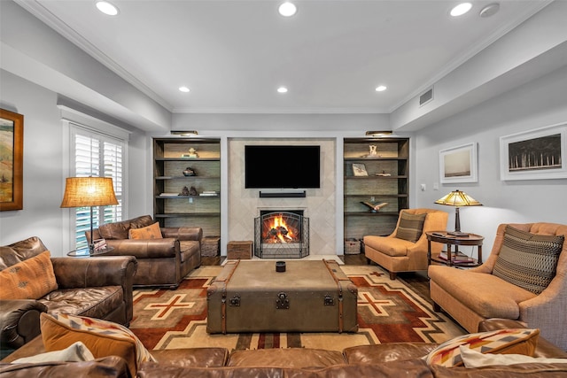 747 Kessler Lake Dr, Dallas, TX 75208 - living area featuring recessed lighting, built in shelves, ornamental molding, and a premium fireplace