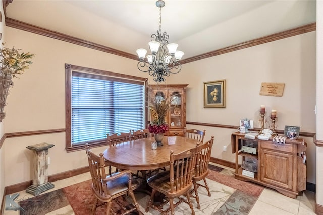 5158 Spring Creek Rd, Abilene, TX 79602 - dining room with light tile patterned floors, a chandelier, crown molding, and baseboards