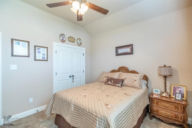 5158 Spring Creek Rd, Abilene, TX 79602 - bedroom featuring carpet, baseboards, a closet, lofted ceiling, and ceiling fan