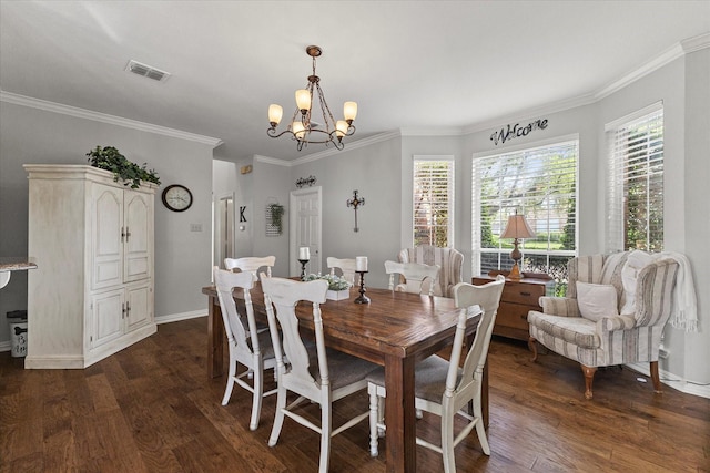 1590 N Hills Dr, Rockwall, TX 75087 - dining space with a chandelier, dark wood-type flooring, crown molding, and baseboards