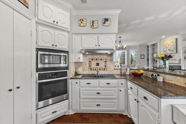 1590 N Hills Dr, Rockwall, TX 75087 - kitchen with appliances with stainless steel finishes, a chandelier, ornamental molding, under cabinet range hood, and white cabinets