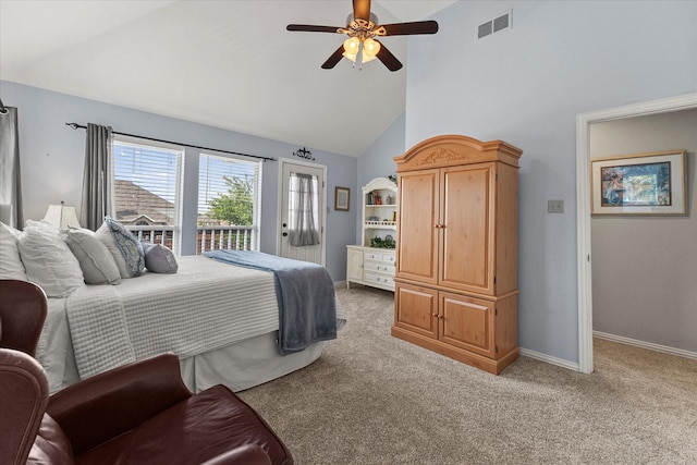 1590 N Hills Dr, Rockwall, TX 75087 - bedroom featuring high vaulted ceiling, light carpet, baseboards, a ceiling fan, and access to exterior