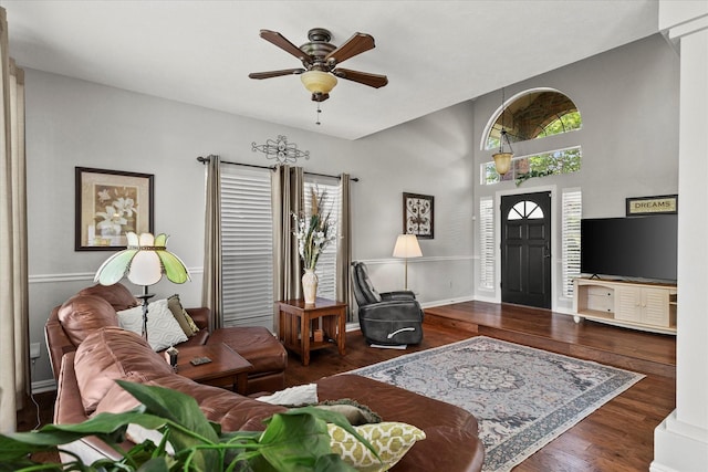 1590 N Hills Dr, Rockwall, TX 75087 - living area with a ceiling fan, wood finished floors, and baseboards