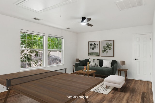 4816 Rockcreek Ln, Plano, TX 75024 - living room with wood finished floors, attic access, baseboards, and a ceiling fan