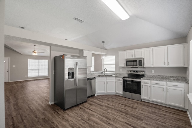 1133 Rosewood Ln, Lancaster, TX 75146 - kitchen with appliances with stainless steel finishes, vaulted ceiling, dark wood-type flooring, a sink, and white cabinetry
