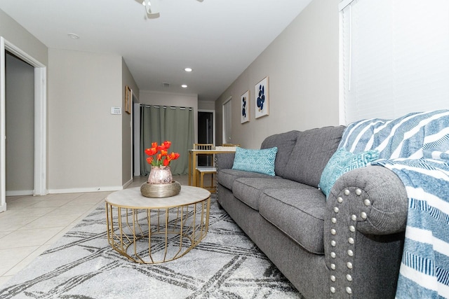 living room with tile patterned floors, baseboards, recessed lighting, and ceiling fan