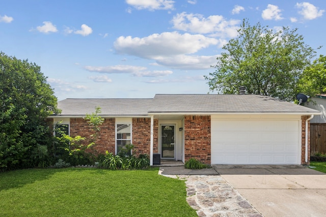 ranch-style house with brick siding, concrete driveway, and an attached garage