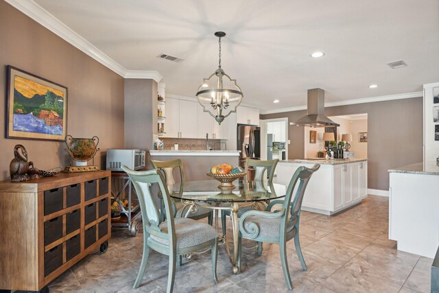 4222 Laren Ln, Dallas, TX 75244 - dining area featuring a chandelier, ornamental molding, and recessed lighting