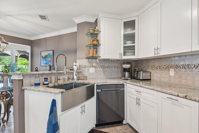 4222 Laren Ln, Dallas, TX 75244 - kitchen with stainless steel dishwasher, a sink, a peninsula, open shelves, and white cabinets