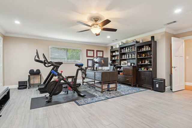 4222 Laren Ln, Dallas, TX 75244 - office area featuring ceiling fan, baseboards, crown molding, recessed lighting, and wood finished floors