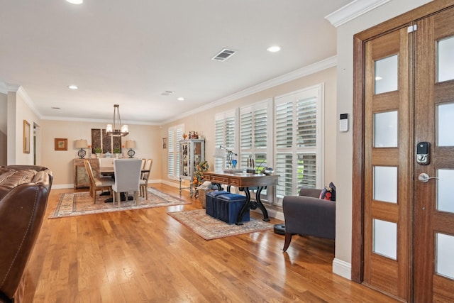 4222 Laren Ln, Dallas, TX 75244 - dining room featuring light wood-style flooring, ornamental molding, recessed lighting, baseboards, and an office area
