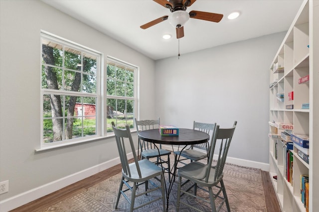 168 Barker Ln, Waco, TX 76705 - dining area with baseboards, ceiling fan, wood finished floors, and recessed lighting