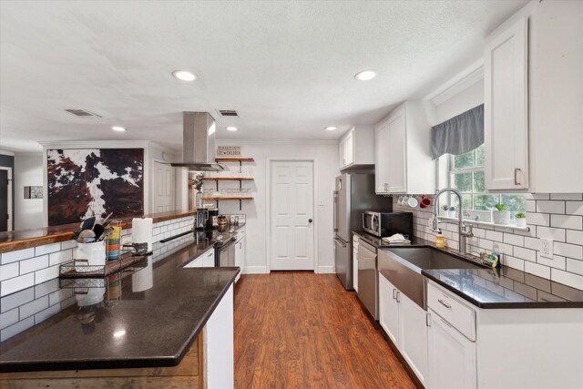 168 Barker Ln, Waco, TX 76705 - kitchen featuring a sink, stainless steel appliances, island range hood, white cabinets, and open shelves