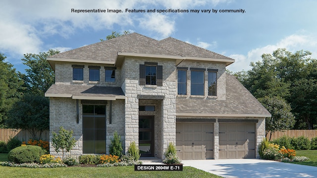 705 Arden Ln, Celina, TX 75009 - french country style house featuring fence, stone siding, driveway, a garage, and brick siding