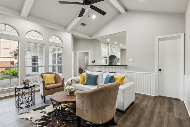 2111 Rheims Dr, Carrollton, TX 75006 - living area with beamed ceiling, dark wood-style floors, a ceiling fan, high vaulted ceiling, and recessed lighting