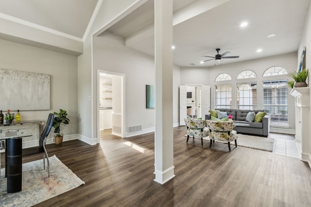 2111 Rheims Dr, Carrollton, TX 75006 - living area with ceiling fan, recessed lighting, baseboards, ornamental molding, and dark wood-type flooring