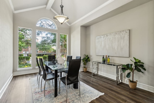 2111 Rheims Dr, Carrollton, TX 75006 - dining room with baseboards, beam ceiling, dark wood-style flooring, and high vaulted ceiling