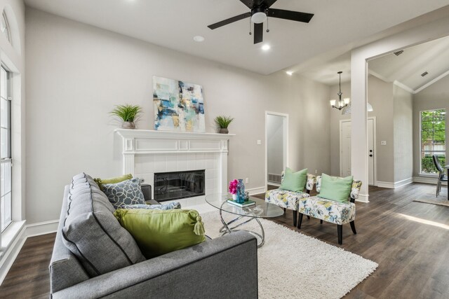 2111 Rheims Dr, Carrollton, TX 75006 - living room featuring baseboards, dark wood-style floors, a ceiling fan, recessed lighting, and a chandelier