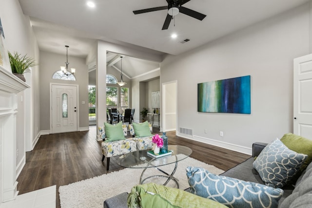 2111 Rheims Dr, Carrollton, TX 75006 - living area with ceiling fan, baseboards, wood finished floors, a chandelier, and recessed lighting