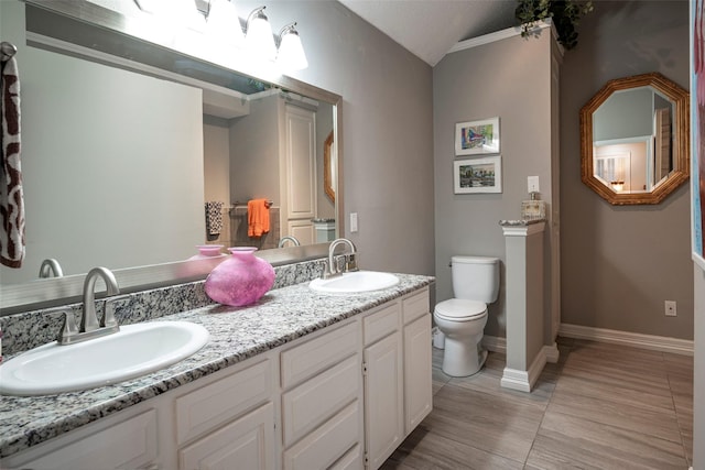 4728 Misty Oak Ln, Arlington, TX 76017 - full bathroom featuring lofted ceiling, toilet, double vanity, baseboards, and tile patterned flooring