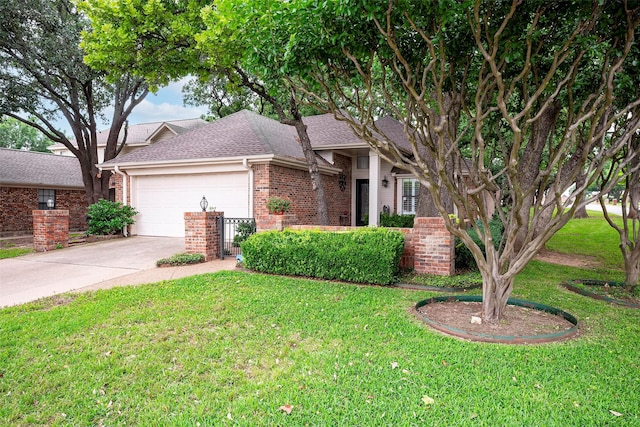 4728 Misty Oak Ln, Arlington, TX 76017 - view of front facade with a garage, brick siding, a shingled roof, a front lawn, and driveway