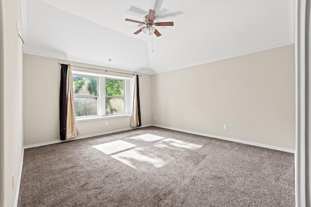3114 Ramsey Ave, Dallas, TX 75216 - carpeted empty room with vaulted ceiling, ceiling fan, baseboards, and ornamental molding