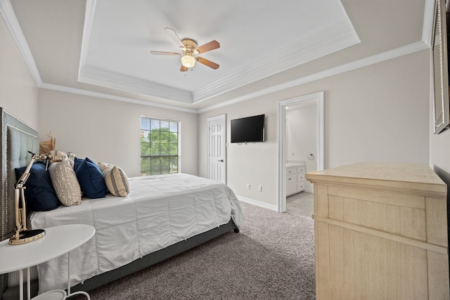 2320 Table Rock Ct, Arlington, TX 76006 - bedroom with a raised ceiling, crown molding, light carpet, ensuite bath, and baseboards