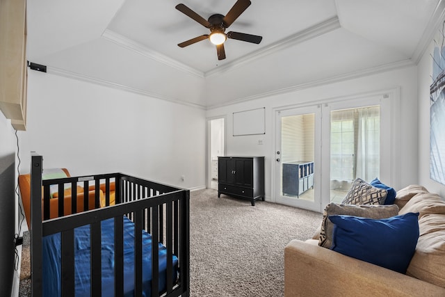 2320 Table Rock Ct, Arlington, TX 76006 - carpeted bedroom featuring a tray ceiling, access to outside, ornamental molding, and a ceiling fan