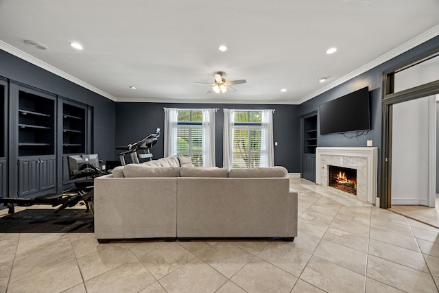 2320 Table Rock Ct, Arlington, TX 76006 - living area featuring crown molding, ceiling fan, recessed lighting, a premium fireplace, and built in shelves
