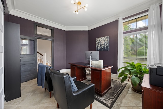 2320 Table Rock Ct, Arlington, TX 76006 - office featuring plenty of natural light, ornamental molding, a chandelier, baseboards, and light tile patterned floors