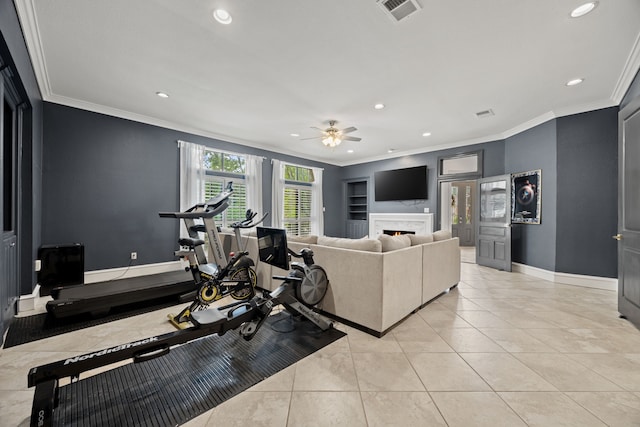 2320 Table Rock Ct, Arlington, TX 76006 - workout room with crown molding, recessed lighting, a ceiling fan, light tile patterned flooring, and a warm lit fireplace