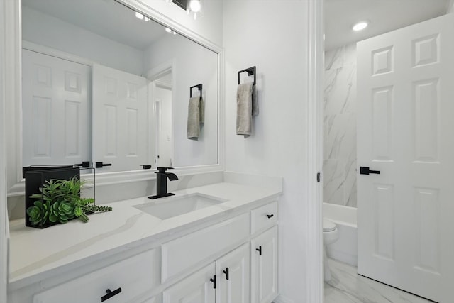 1601 Wheatberry Ct, Allen, TX 75002 - full bathroom with vanity, marble finish flooring, recessed lighting, shower / bathtub combination, and toilet